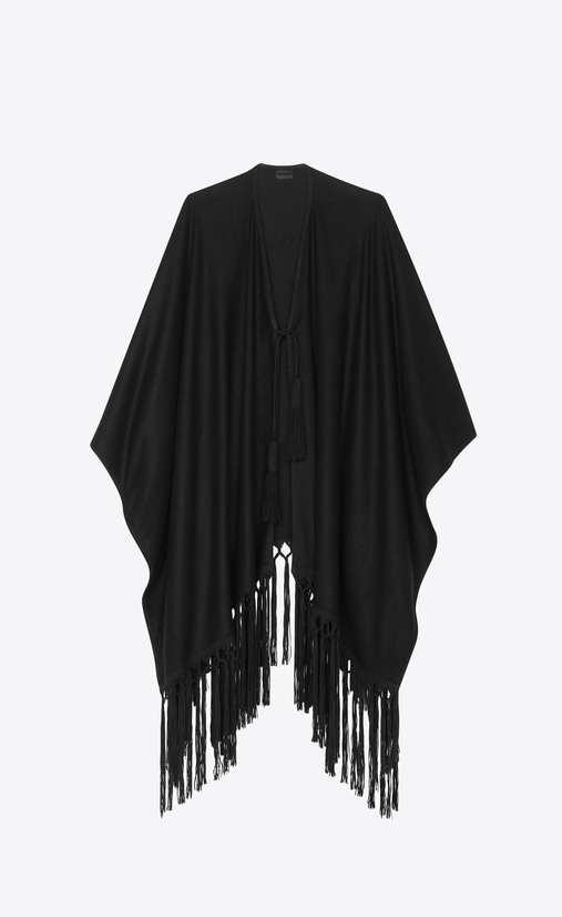 SAINT LAURENT Knitwear Tops Woman Poncho in wool cloth with black suede fringes a_V4